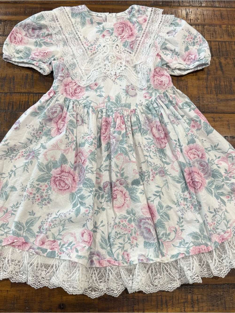 Gunne Sax Pink and Cream Floral Lace-Trim Dress